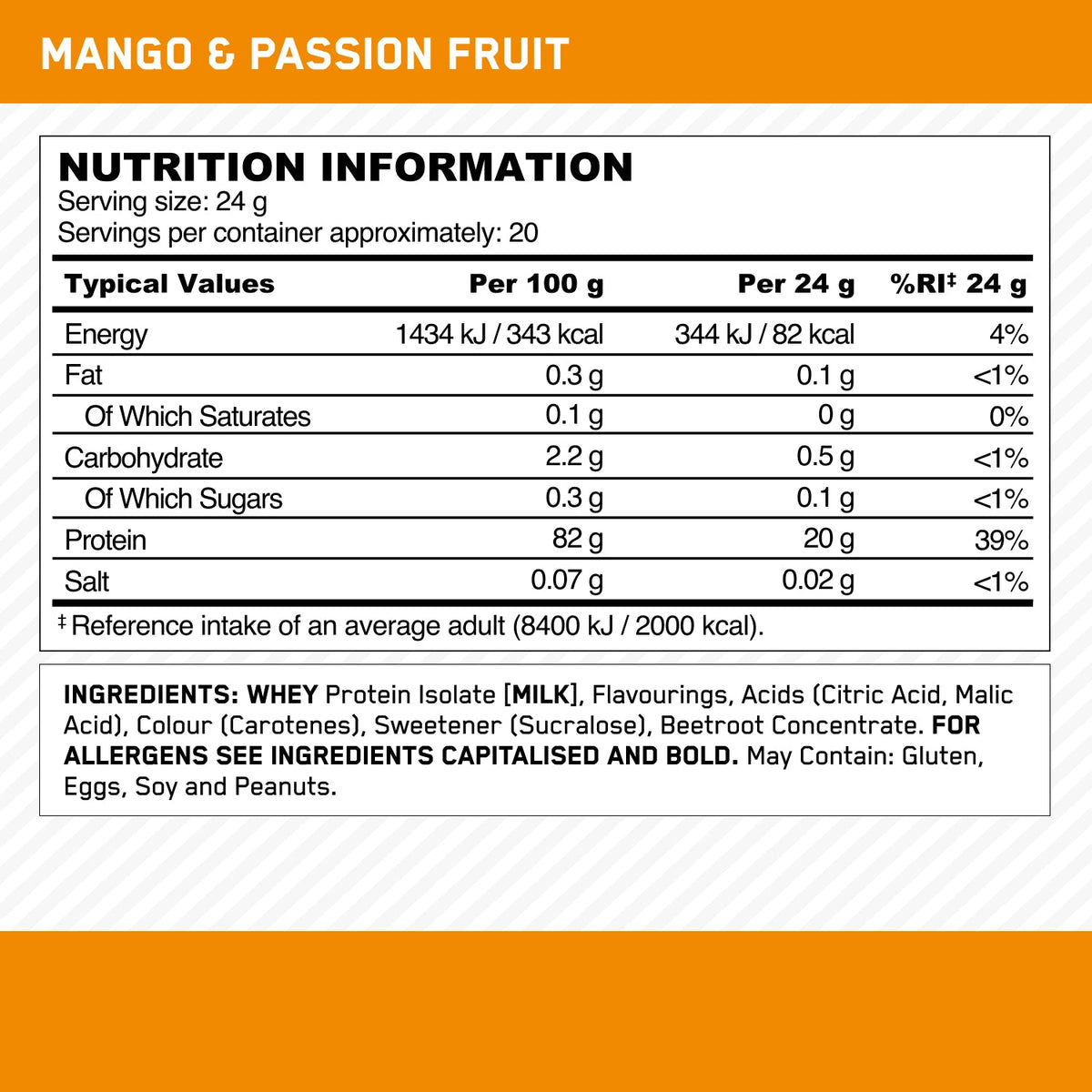 Optimum Nutrition Clear Whey Isolate Mango & Passion Fruit - voedingswaarden