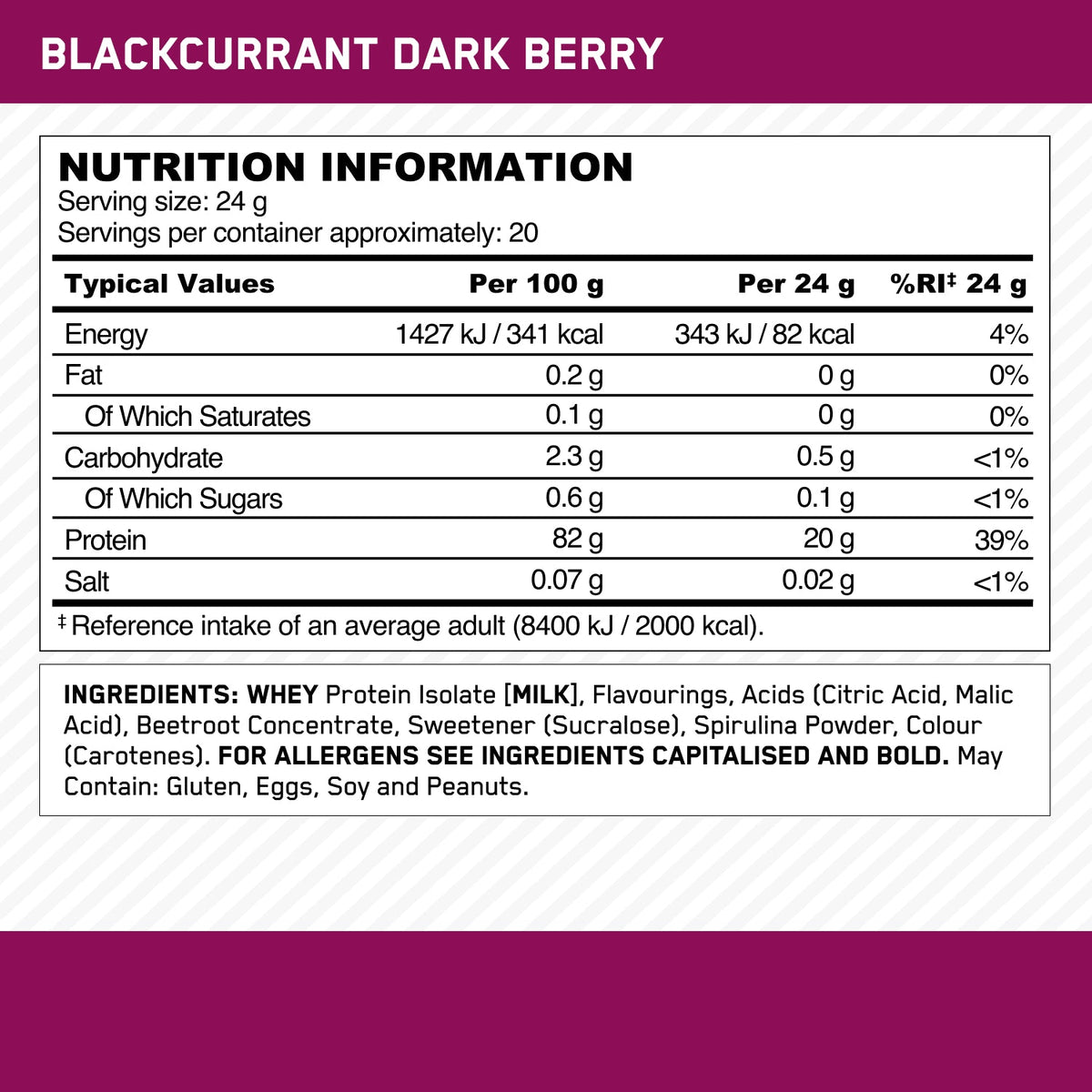 Optimum Nutrition Clear Whey Isolate Blackcurrant - voedingswaarden