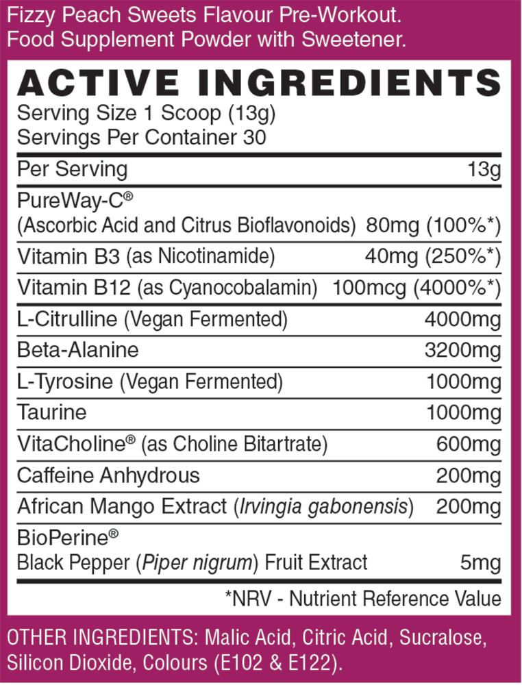 Naughty Boy Energy Pre-Workout Fizzy Peach Sweets (390 g)