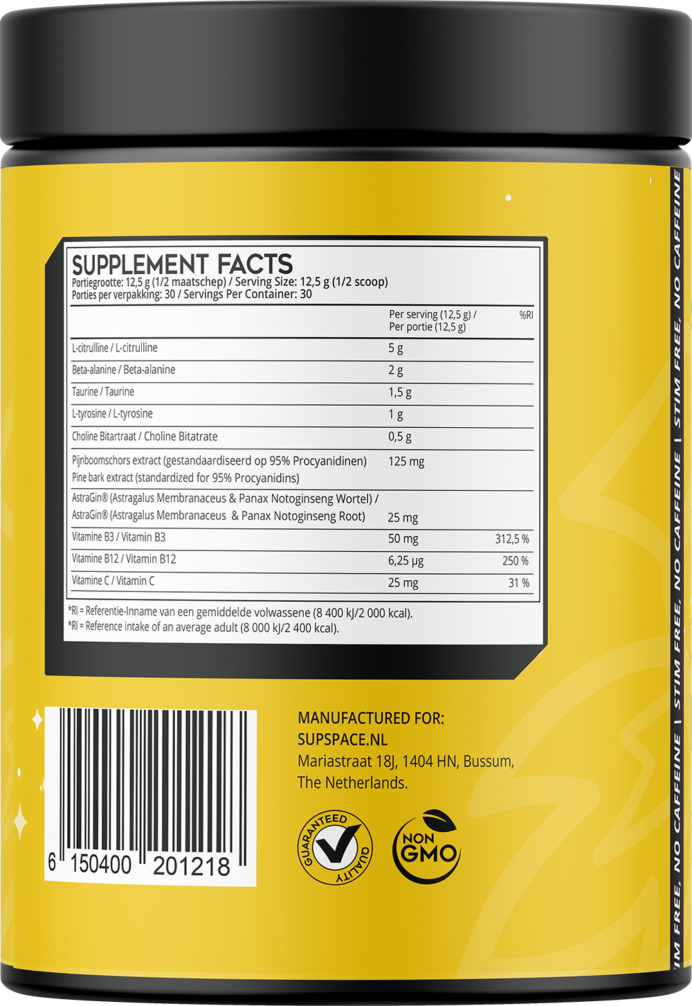 Supspace Pre-workout Zero Stim Framboise bleue (375 g)