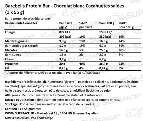 Barebells Protein Bar Chocolat blanc Cacahuètes salées (1 x 55 g)-1