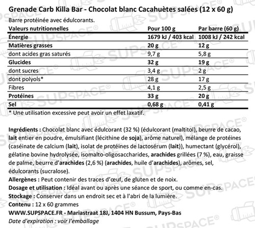 Grenade Carb Killa Protein Bar Cacahuètes salées Chocolat blanc (12 x 60 g)-1