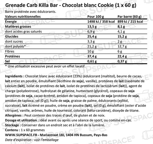 Grenade Carb Killa Protein Bar Cookie Chocolat blanc (1 x 60 g)-1