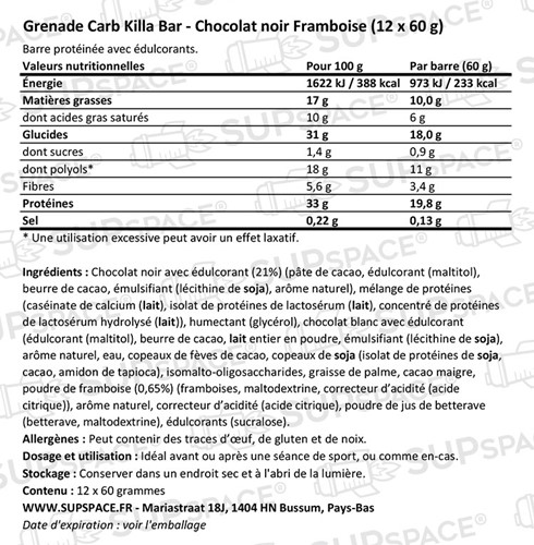 Grenade Carb Killa Protein Bar Chocolat noir Framboise (12 x 60 g)-1