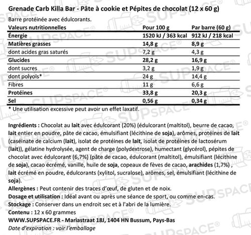 Grenade Carb Killa Protein Bar Pâte à cookie et Pépites de chocolat (12 x 60 g)-1