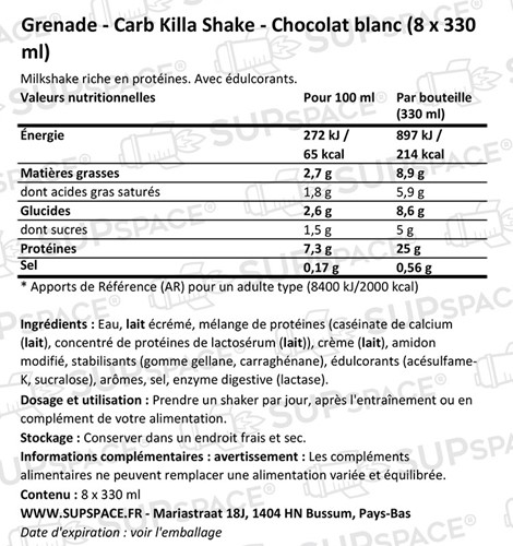 Carb Killa Shake Chocolat blanc (8 x 330 ml)-1