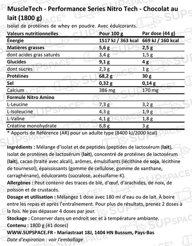 MuscleTech Nitro Tech Whey Protein Chocolat au lait (1800 g)-1