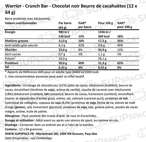 Warrior Crunch Bar Chocolat noir Beurre de cacahuètes (12 x 64 g)-1